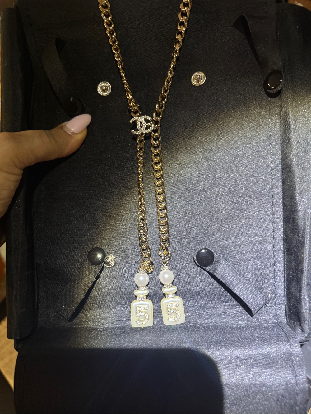 CHANEL #5 Tie Necklace with Pearls and Number 5 Drops